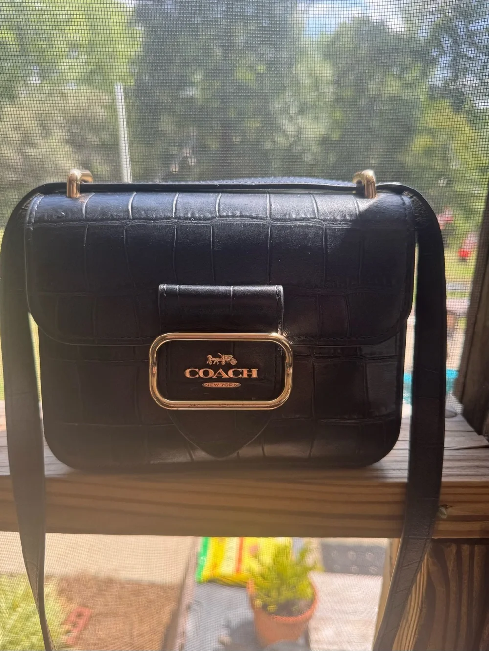Coach Black Croc-Embossed Leather Crossbody with Gold Hardware